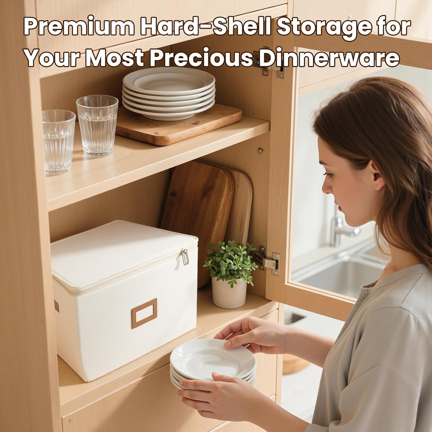 HOMELUX THEORY Flatware Storage Hard Shell China Storage Containers - Ivory Silverware Organizer, Cutlery & Silverware Storage Box with 5 Dividers & Lid, Packing Heavy Duty Moving Box with Handles