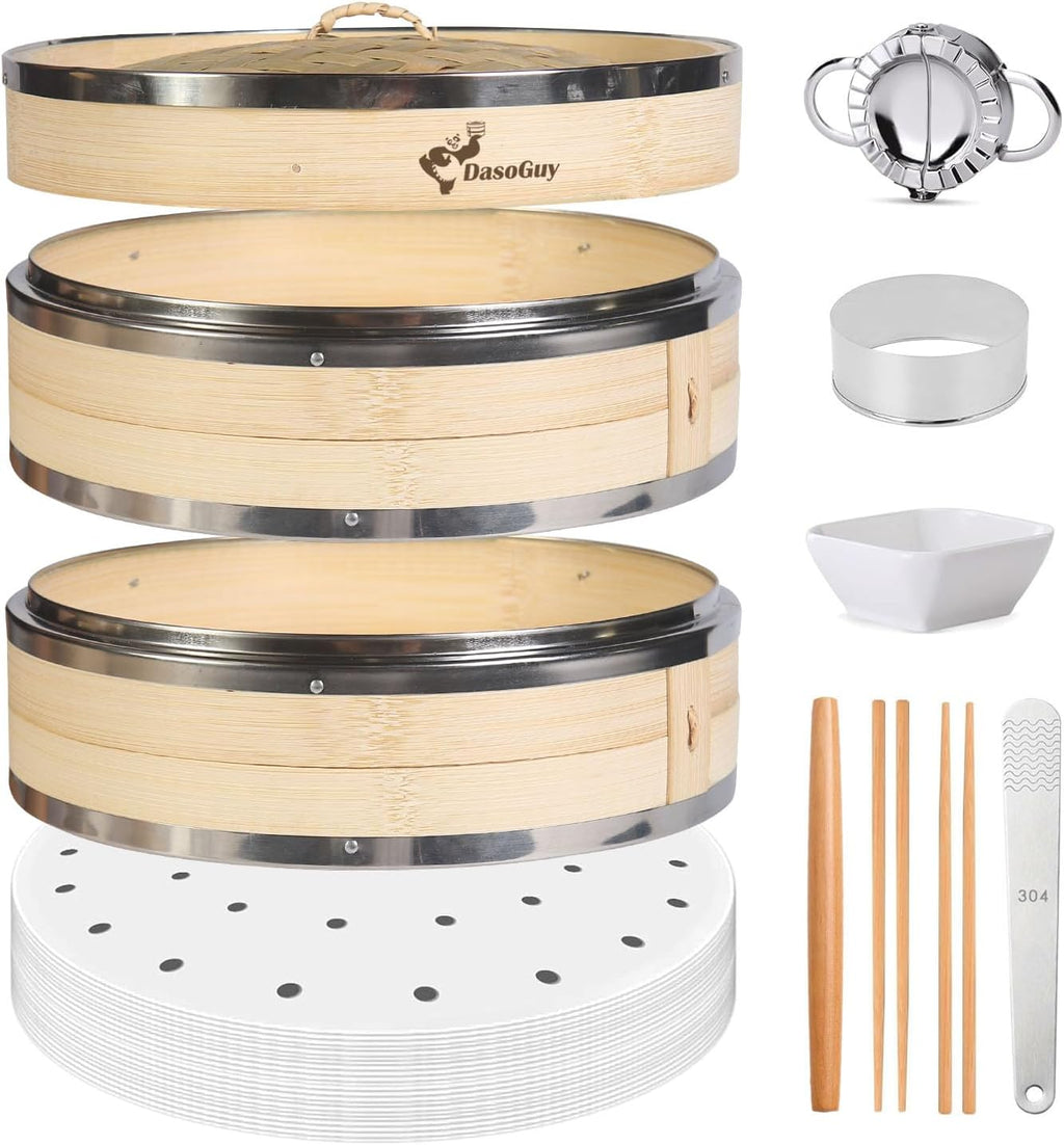 Bamboo Steamer Basket, Stainless Steel Reinforced Rim, 10-Inch 2-Tier Steamer for Cooking, 50 Liners Chopsticks Sauce Dish Dumpling Makers, Steaming Asian Food Bao Buns Dim Sum Rice Veggies Steam Pot