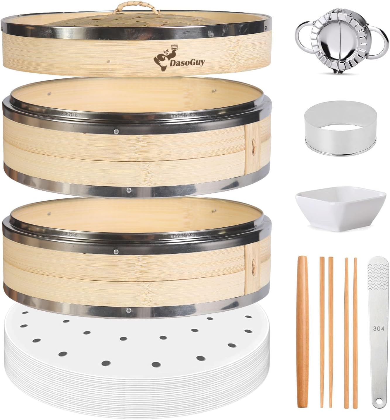 Bamboo Steamer Basket, Stainless Steel Reinforced Rim, 10-Inch 2-Tier Steamer for Cooking, 50 Liners Chopsticks Sauce Dish Dumpling Makers, Steaming Asian Food Bao Buns Dim Sum Rice Veggies Steam Pot