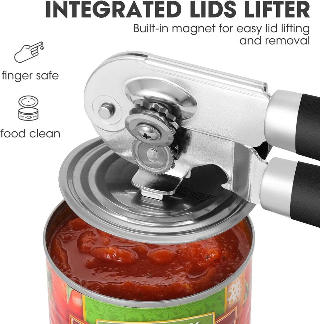 Manual Can Opener, UHIYEE Handheld Can Opener Heavy Duty with High Carbon Sharp Blade, Ease Can Open for Seniors with Comfort Grip Handles, Oversized Turn Knob, Black