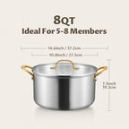 BEZIA 8 Quart Tri-Ply Stainless Steel Pot, Stockpot with Tempered Glass Lid, Exceptional Heat Distribution, Induction Pot, Induction Cooking Pot for All Stoves, Dishwasher Safe, Silver