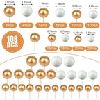 108 Pcs Balls Cake Topper DIY Cupcake Insert Foam Balloons for Cake Baking Wedding Anniversary Birthday Decoration(White, Gold,Multi Sizes)