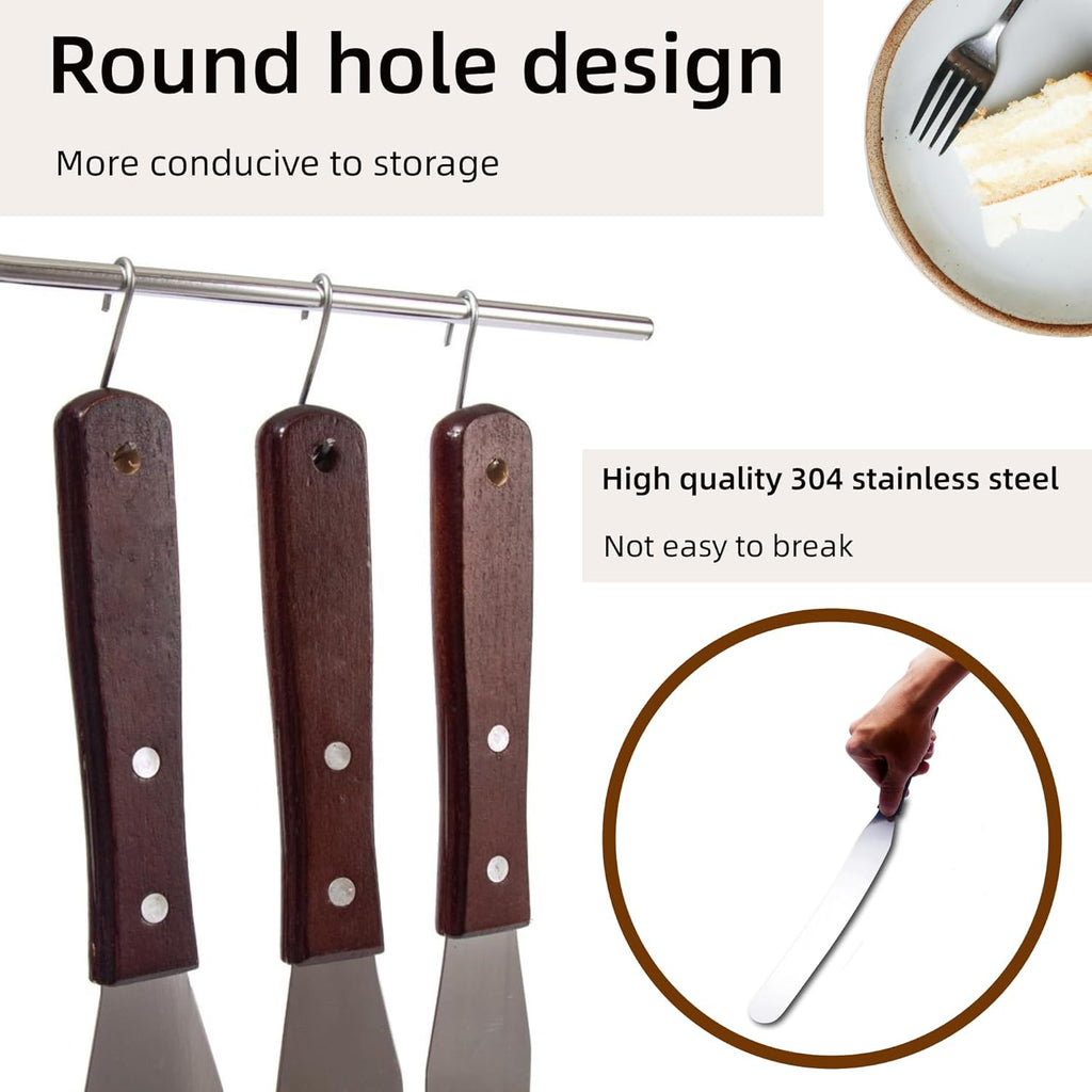 Straight Icing Spatula Stainless Steel Baking Set of 6", 8" & 10" Wooden Handle Cake Decorating Frosting Spatulas