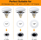 Universal Bathroom Sink Stopper, 1.1~1.5" Sink Drain Stopper, Full Size Bounce Bullet Type Pop Up Basin Drain Strainer, Chrome Anti-Clogging Sink Drain Filter with Hair Catcher (Silver)