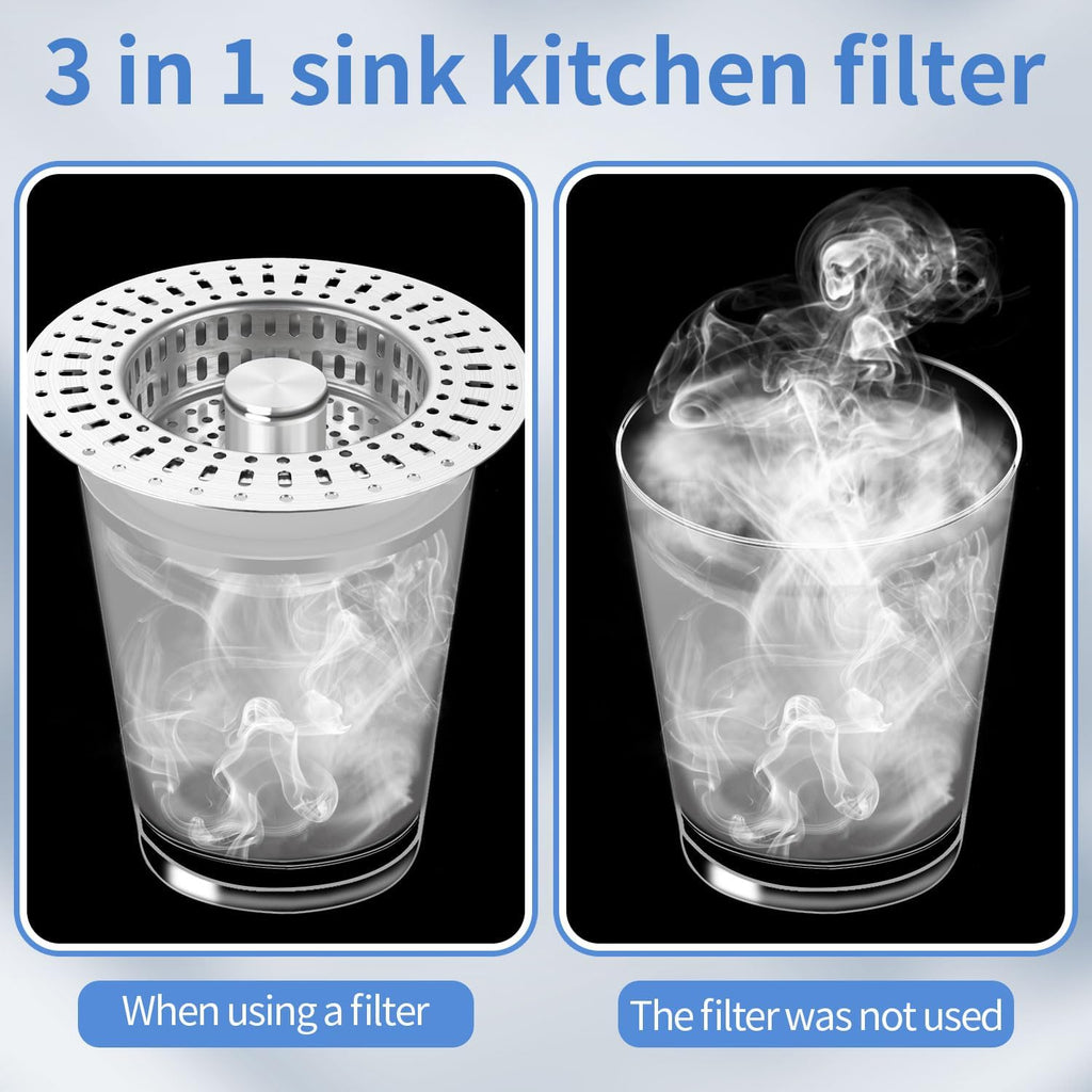 Upgraded 3 in 1 Kitchen Sink Drain Filter - Stainless Steel Sink Stopper, Anti-Clogging Sink Food Catch Basket, Quick Drain Odor Filter Sink Stopper(Silver-2pcs)