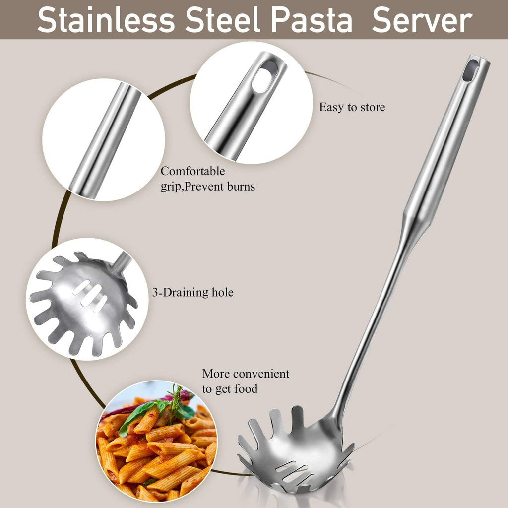Patelai 2 Pcs Stainless Steel Pasta Spoon with Teeth Large Spaghetti Utensil, 9.4'' Tong and 13.6'' Pasta Fork with Vacuum Handle, Comfortable Grip Design Spoons for Kitchen(Sliver)