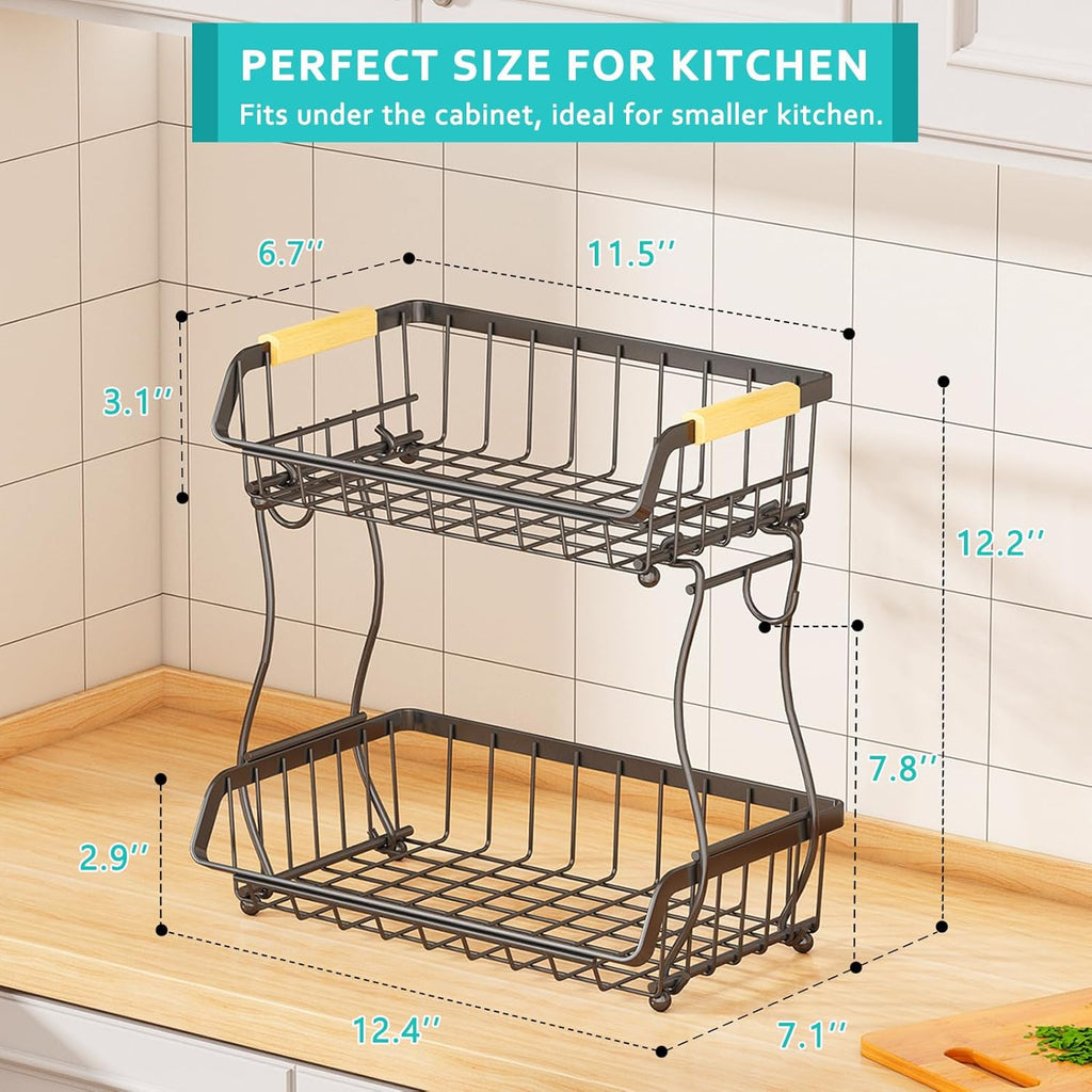 2 Tier Fruit Basket with 2 Banana Hangers, Detachable Countertop Fruit Bowls for Kitchen Counter, Metal Wire Fruit Vegetable Storage Holder Stand with Wooden Handles for Bread, Snacks, Veggies