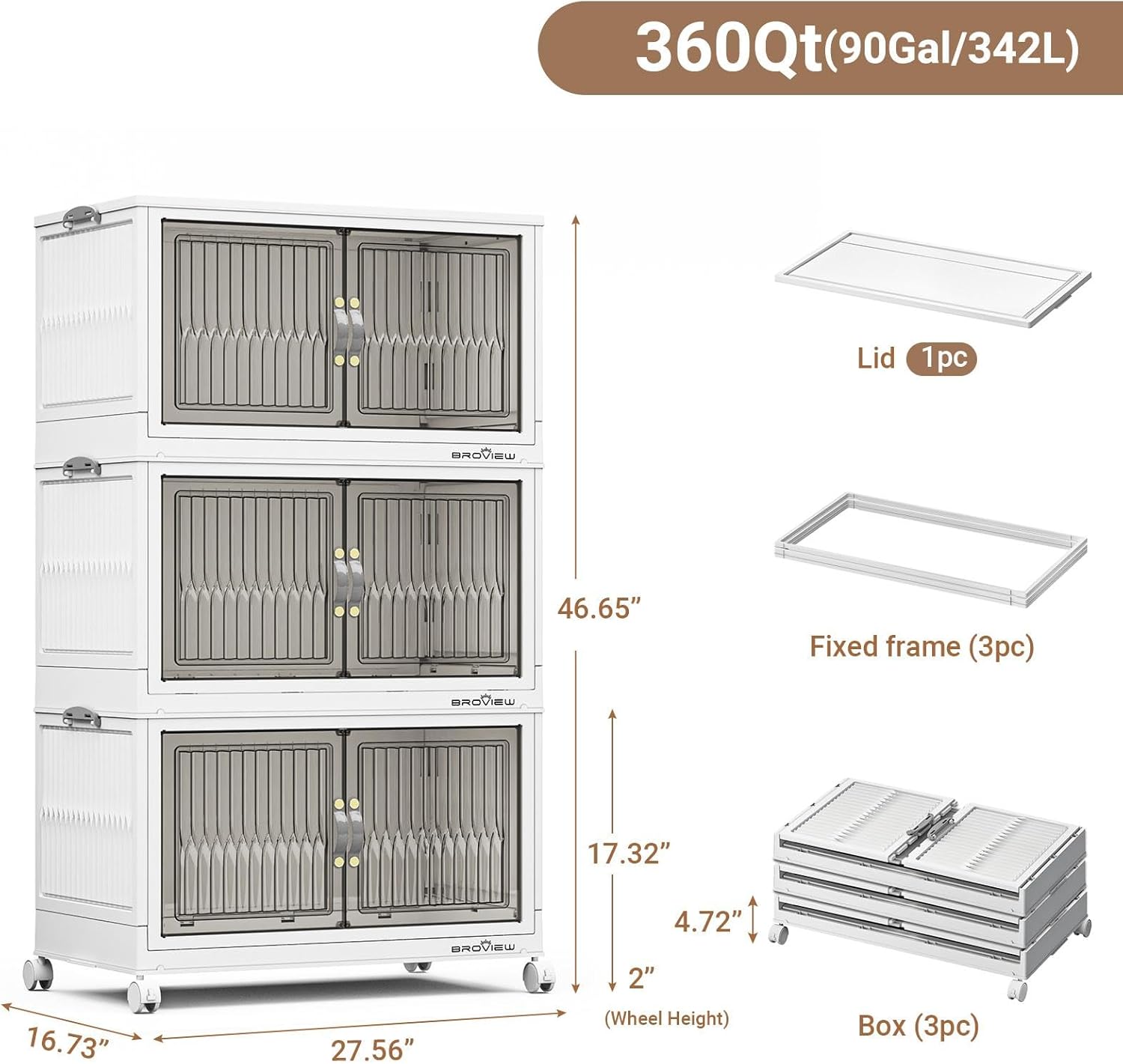 360Qt Stackable Storage Bins with Lid, Extra Large Closet Organizer Collapsible Drawer Boxes with Wheels, Folding Plastic Cabinet Containers for Home Kitchen Room Organization, 3Pack White