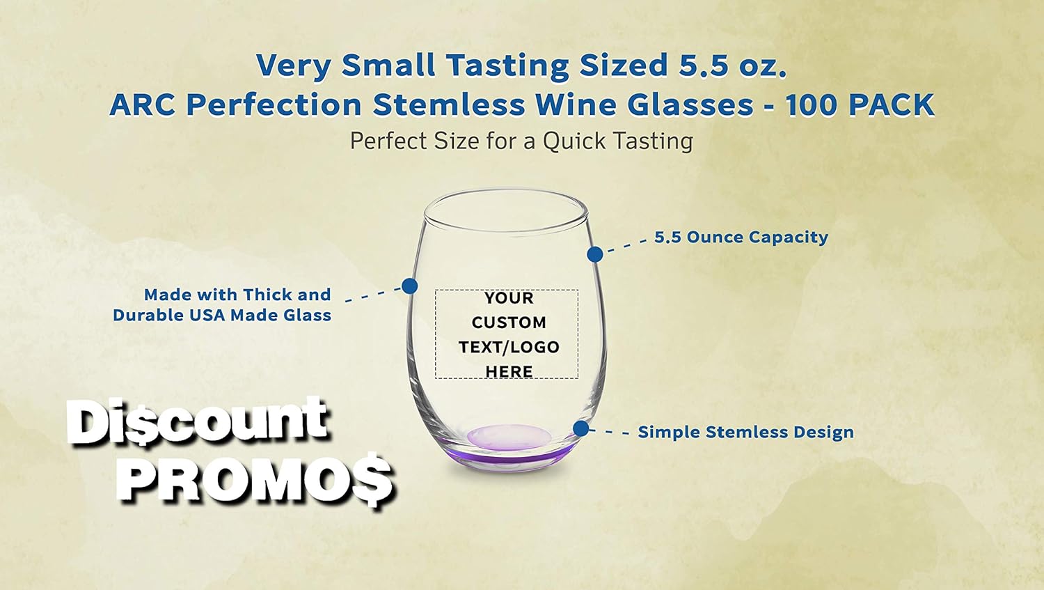 Custom Stemless Wine Glasses by ARC 5.5 oz. Set of 100, Personalized Bulk Pack - Perfect for Hotel, Bar, Restaurant or Lounge - Purple