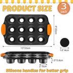Uiifan 3 Pack Mini Cheesecake Pans Removable Bottom 12 Cavity Mini Cupcake Pan with Silicone Handle Nonslip Anti Heat Nonstick Carbon Steel Muffin Mold 13" x 8" Baking Molds(Orange)