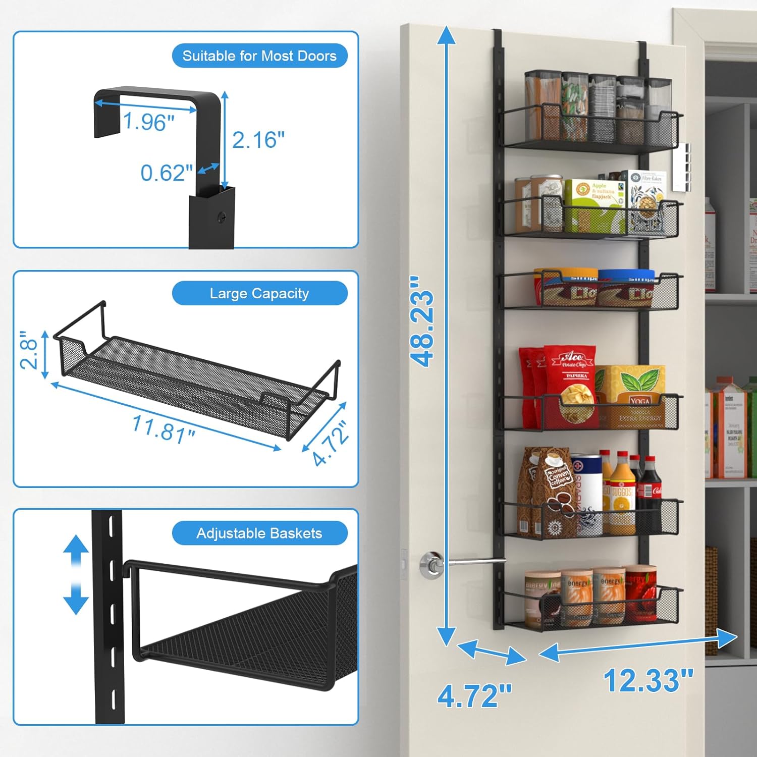 12.3" W Narrow Over the Door Pantry Organizer, 6-Tier Over the Door Organizer with Adjustable Basket, Pantry Door Organization for Pantry Kitchen Storage Room Spice Rack, Black