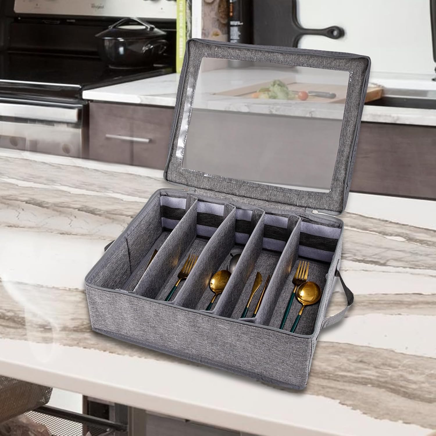 Flatware Utensil Storage Case With Adjustable Dividers,5 Compartments Zipper Flatware Storage Case, Silverware Storages Cases With Handles And Organizes Cutlery Stackable
