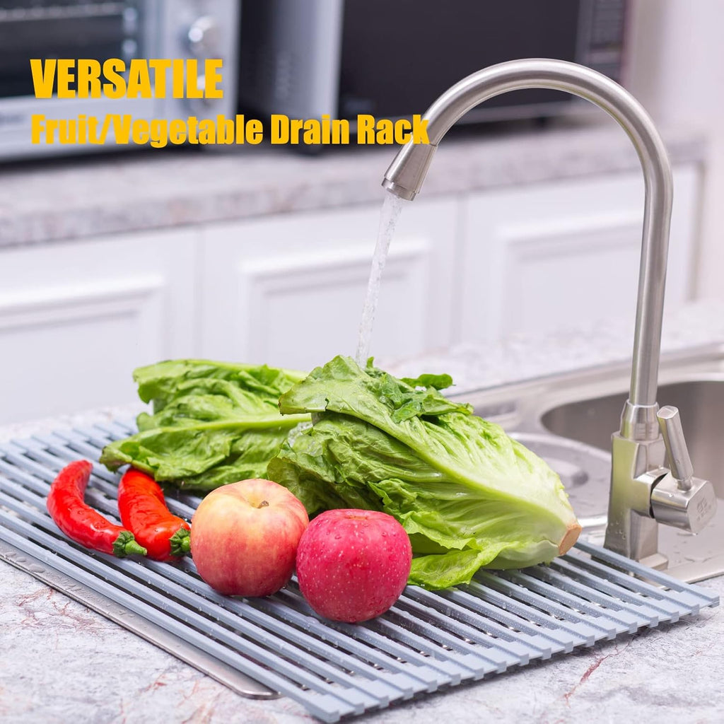 Silicone-Coated Stainless Steel Over The Sink Multipurpose Roll-Up Dish Drying Rack, 20.8"X13.2", Heat Resistant Non Slip Dish Draining Rack BPA Free Dishwasher Safe (L, Gray)