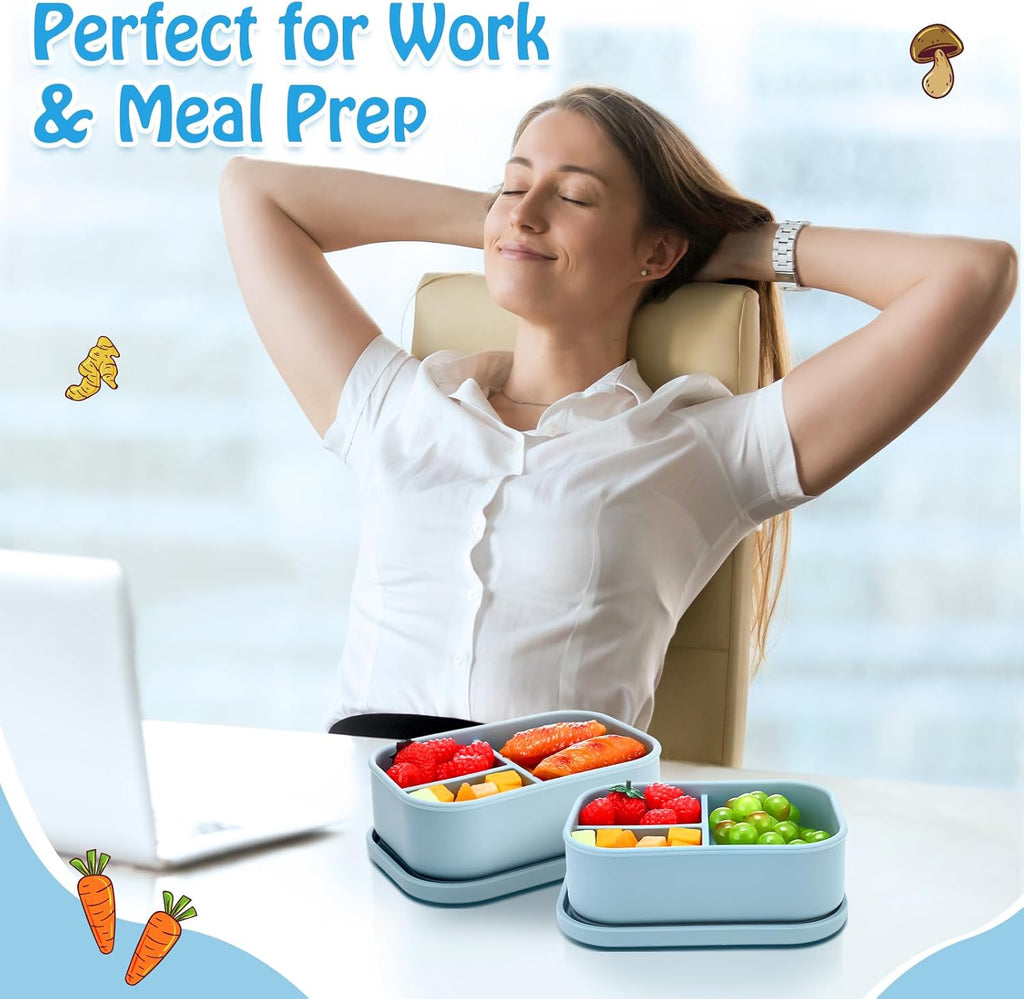 Honeydak 4 Pcs Silicone Bento Lunch Box 3 Compartment Reusable Leakproof Silicone Bento Lunch Container for Adults Microwave Dishwasher Freezer Safe(Blue)