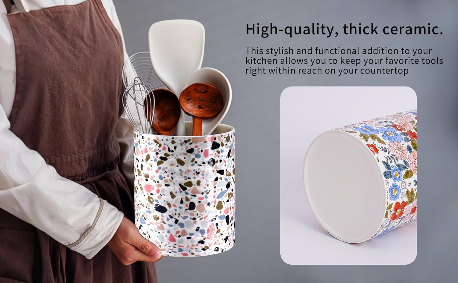 Kitchen Utensil Holder,7.2″Extra Large Stable Terrazzo Marble Pattern Ceramic Utensil Crock,Utensil Organizer for Countertop,Kitchen Decor,Utensil Holder for Housewarming,Wedding Gift Pink