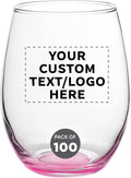 Custom Stemless Wine Glasses in Bulk by ARC Perfection, 15 oz, 100 pack, Personalized Text, Logo, Red or White Wine Glass Set, Pink