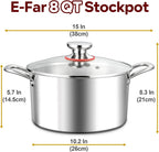 E-far 8 Quart Stock Pot with Lid, 18/10 Tri-ply Stainless Steel Stockpot for Induction Ceramic Gas Stoves, Heavy Duty Cooking Pot for Pasta Soup Stewing Simmering, Oven and Dishwasher Safe