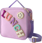 Insulated Lunch Bag With Adjustable Shoulder Strap, Nylon Preppy Lunch Box Large Insulated Lunch Bag Reusable Lunch Tote Bag with Smiley Preppy LunchBag for Girls School Travel Picnic (Purple)