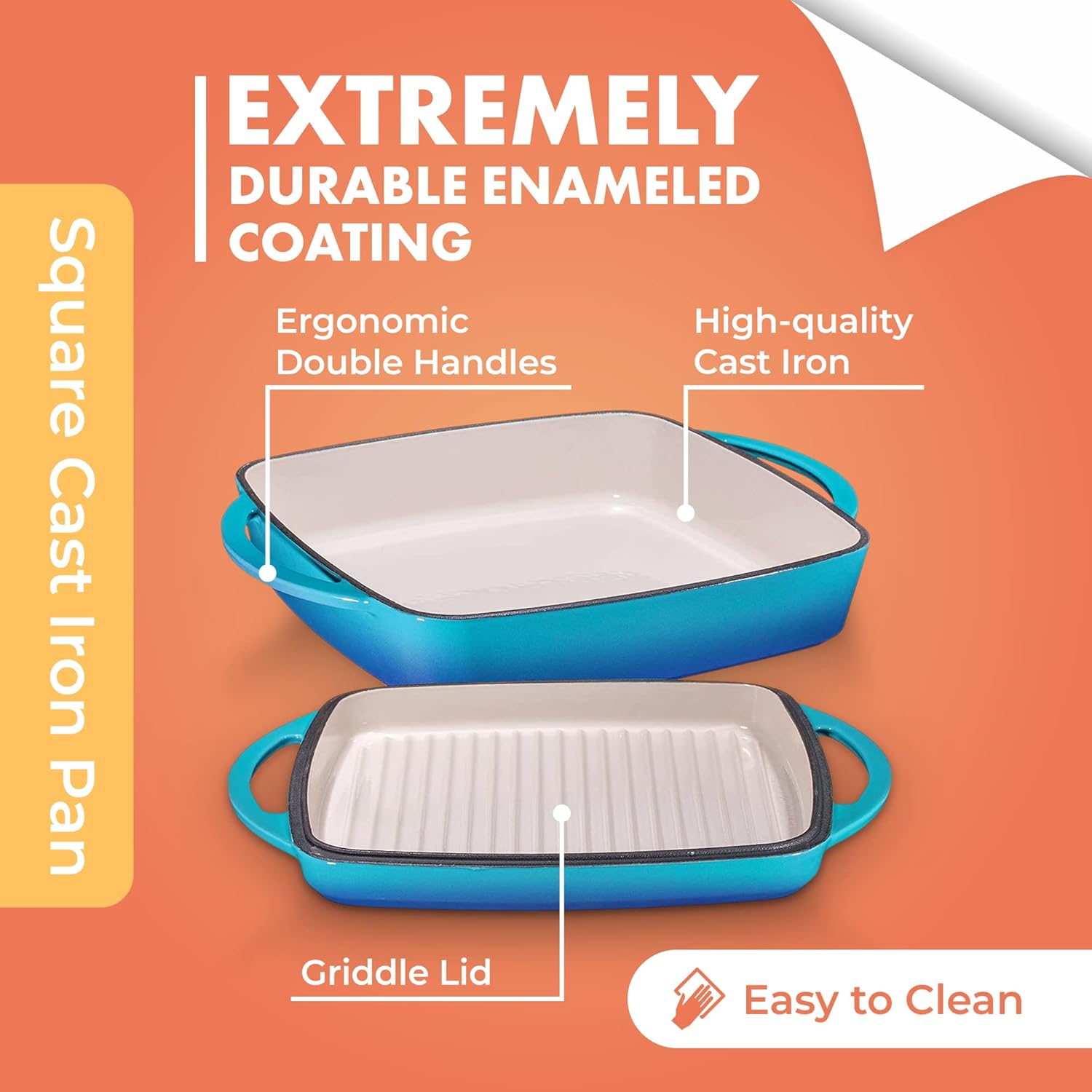 Bruntmor 2-in-1 Pre-Seasoned Square Cast Iron Dutch Oven with Dual Handles, Non Stick Pan with Grill, All-in-One Cookware Set, Cast Iron Casserole Dish with Lid for Braising Dishes,Caribbean Blue