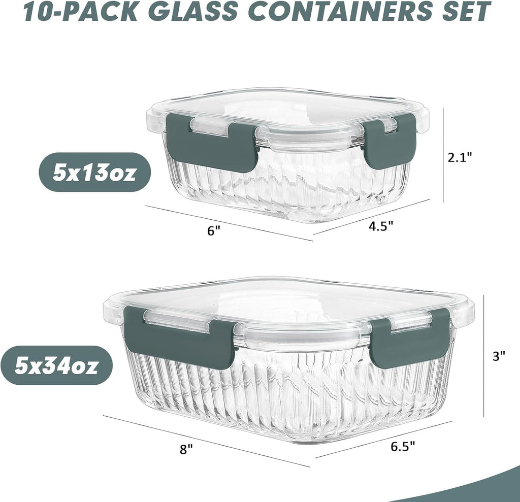 KOMUEE 10 Packs Glass Meal Prep Containers with Lids, Glass Food Storage Containers Set, Airtight Lunch Containers, Microwave, Oven, Freezer and Dishwasher Safe, Gray
