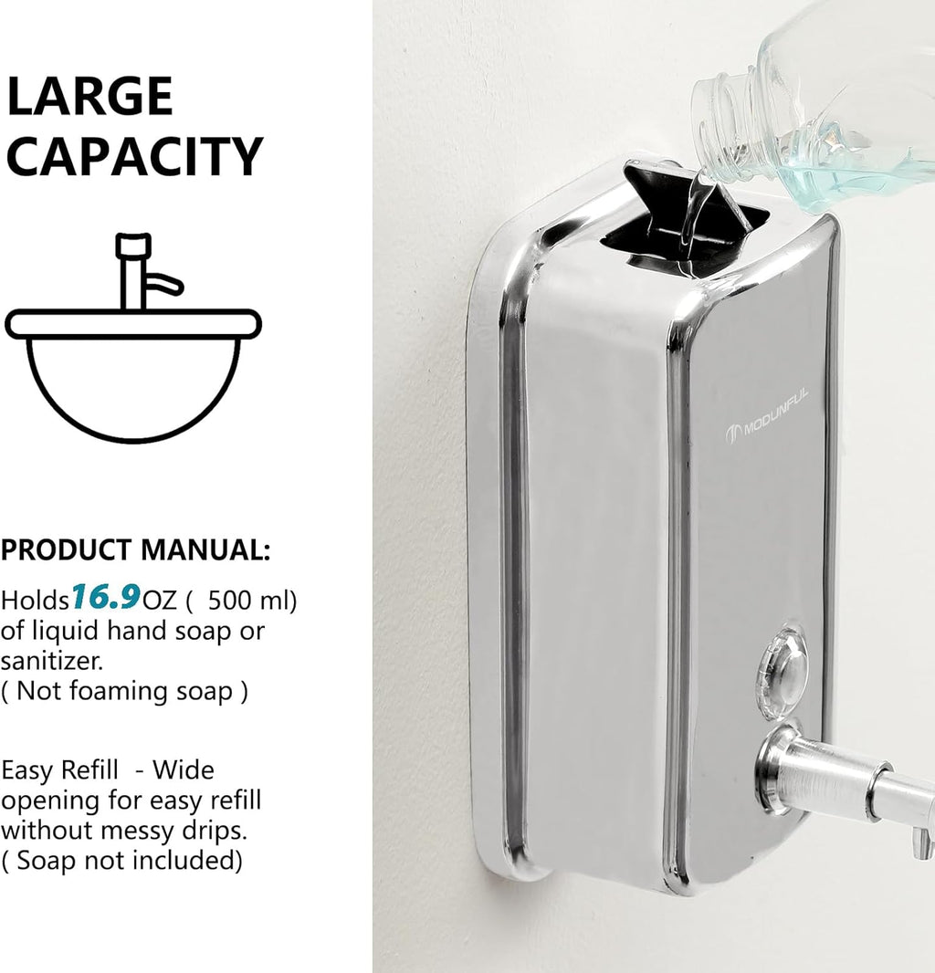 Stainless Steel Soap Dispenser for Home – 16.9oz Wall Mount, Anti-Leak Pump, Brushed Nickel Finish, Space-Saving Design for Kitchen & Bathroom
