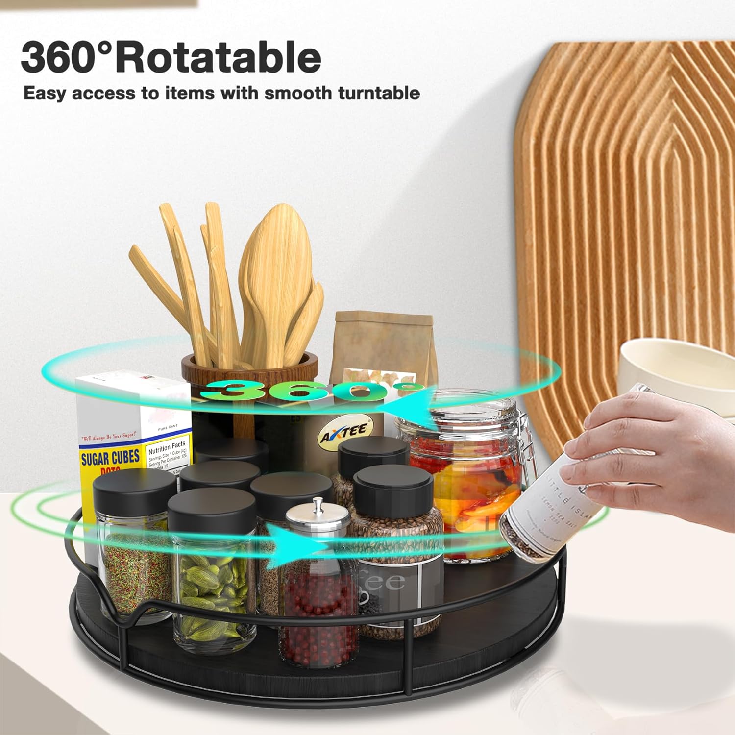 Lazy Susan Turntable Organizer with Anti-Slip Mat for Cabinet Pantry Kitchen Countertop Refrigerator Office, Pine Wood, 13", Black