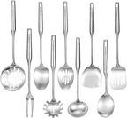 304 18/10 Stainless Steel Kitchen Utensils Set 9 Pcs Long Cooking Utensil, Spatula, Soup spoon, Leaking shovel, Ladle, Tunner, Pasta Server, Meat Fork Kitchen Tools Set (9 Pieces Set)