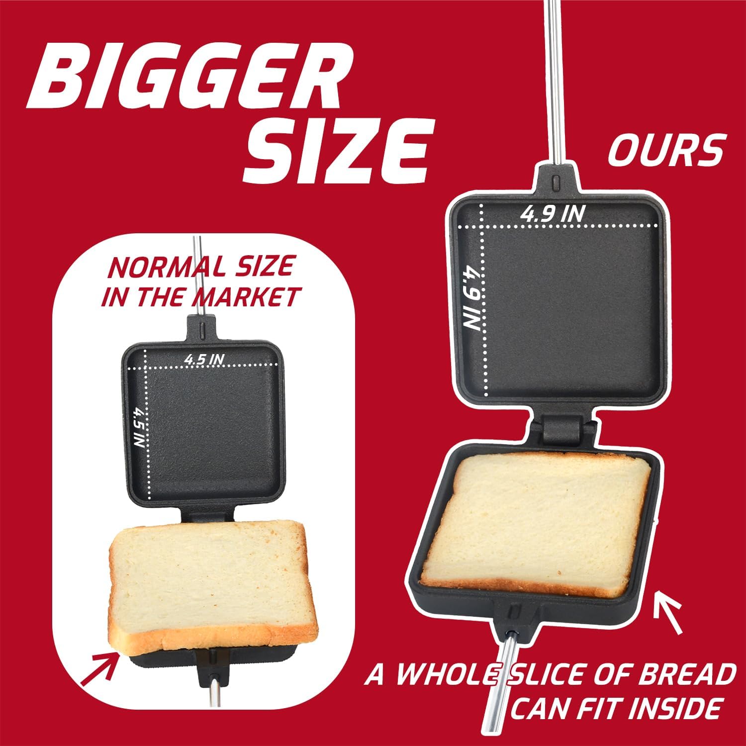 Campfire Pie Iron 4.9" Large Cast Iron Sandwich Maker for Camping 2 Pcs with Storage Bag - 22.6 inch Thickened Handles - Campfire Cooking Equipment for Grilling & Outdoor Cooking