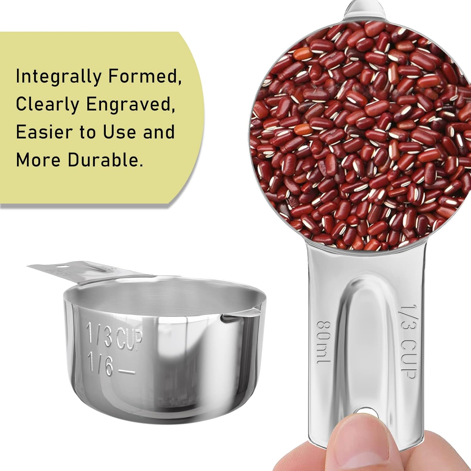 2PCS 1/3Cup (80ml, 2.7oz) Single Measuring Cup, Stainless Steel Measure Scoop, Metric and US Measurement, Dishwasher Safe