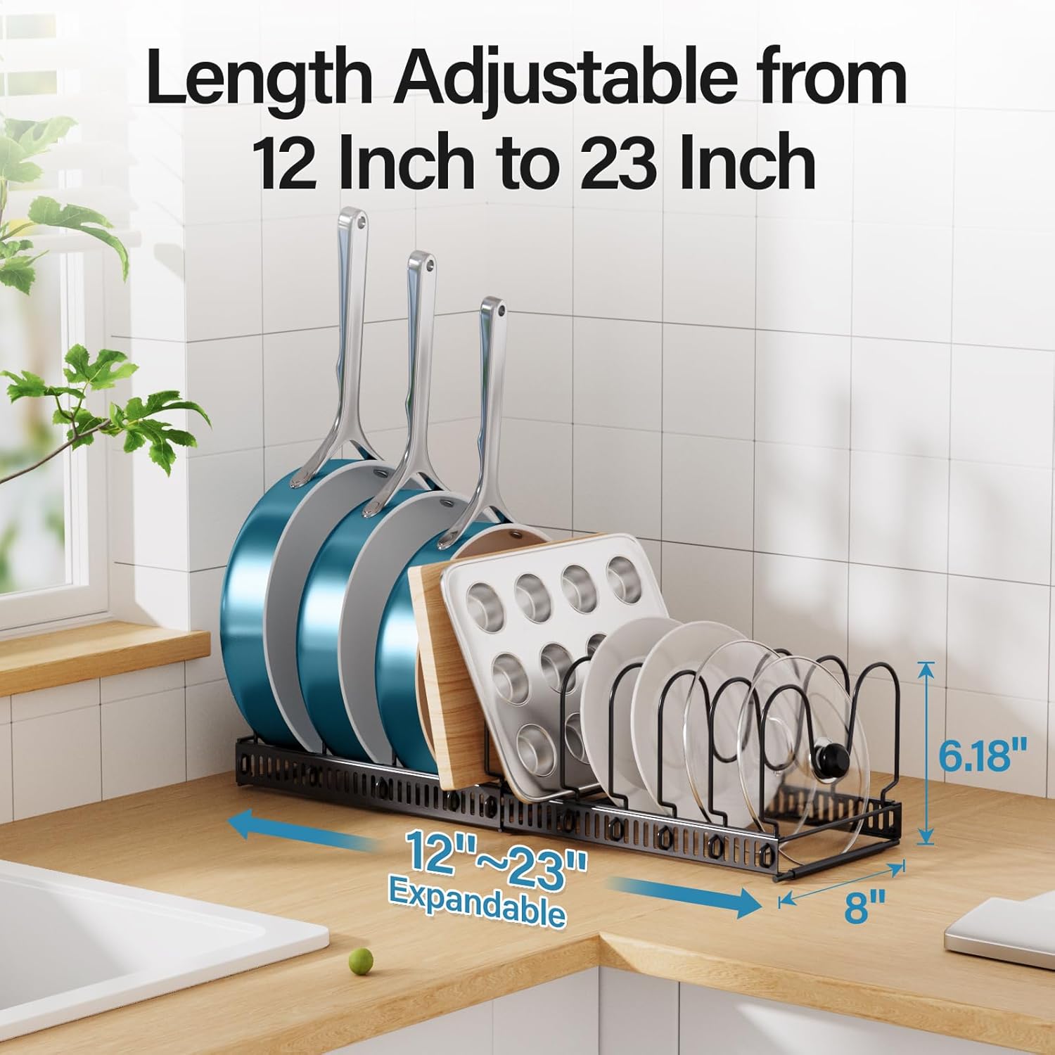 ORDORA Pots and Pans Organizer Under Cabinet, Expandable Cutting Board Pot Lid Organizer for Cabinet Holder with 10 Adjustable Dividers for Kitchen Storage