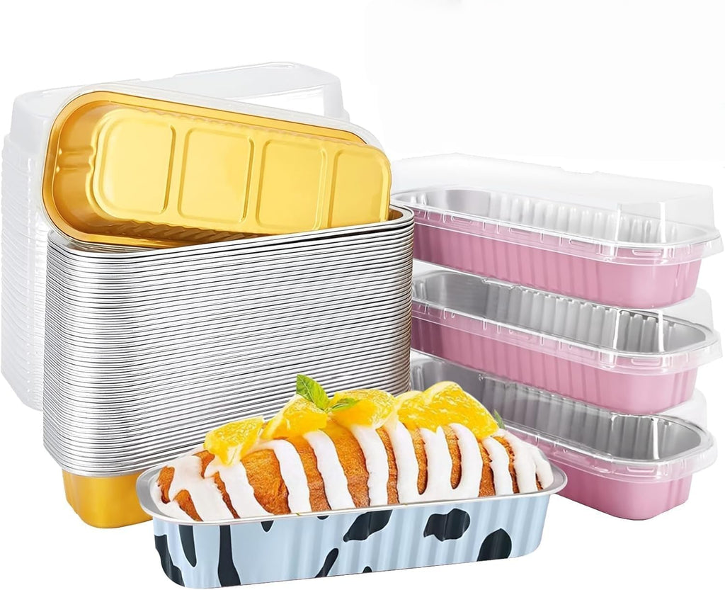 50 PCS Multiple colors Mini Loaf Pans with Lids, 6.8oz Cake Pans for Baking, Disposable Mini Aluminum Foil Loaf Pans, for Party Individual Serving.