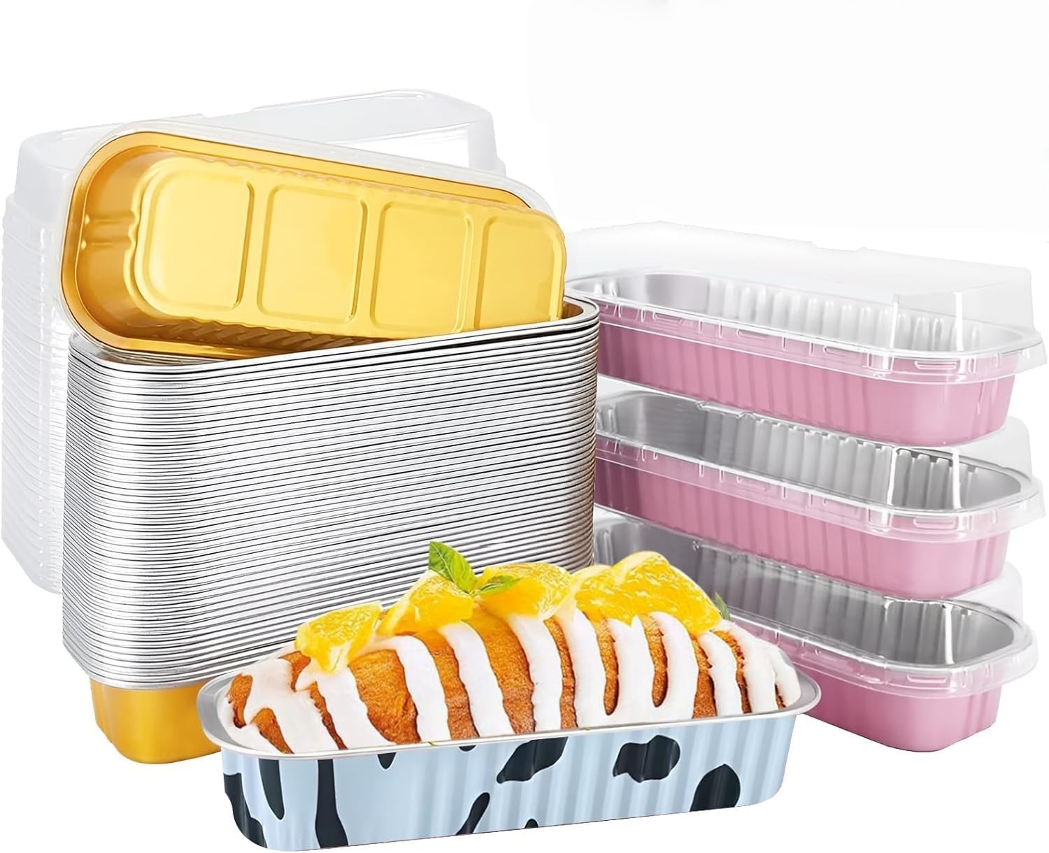 50 PCS Multiple colors Mini Loaf Pans with Lids, 6.8oz Cake Pans for Baking, Disposable Mini Aluminum Foil Loaf Pans, for Party Individual Serving.