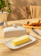 Sweese Butter Dish with Lid, Porcelain Butter Keeper, 7.8 Inch Butter Holder with Handle Cover, Butter Container Perfect for East West Coast Butter, Light Gray