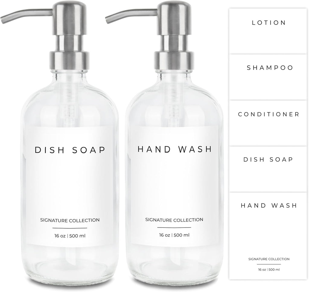 Emerson Essentials Soap Dispenser for Kitchen, Dish Dispenser for Kitchen, Bathroom Hands Set, Glass Bottles with Pump and Labels - 16 Oz, 2 Pack