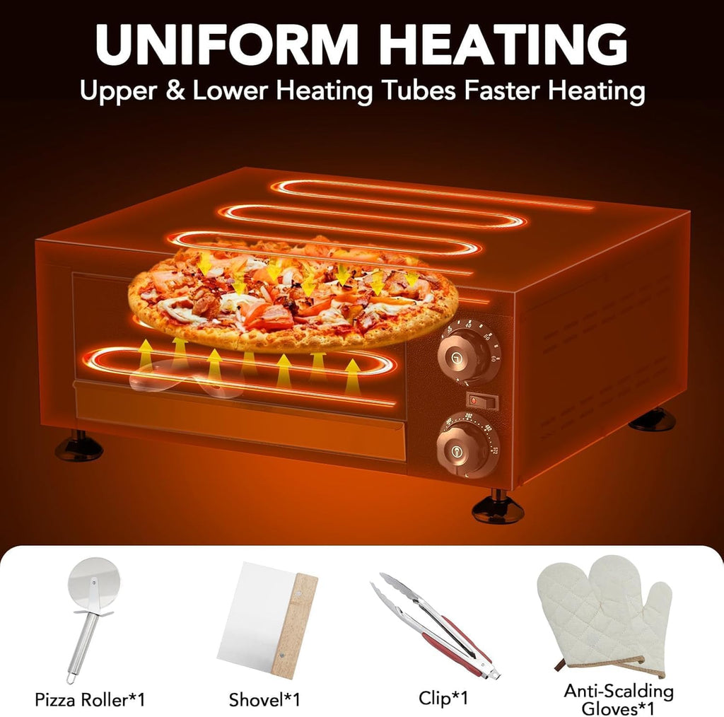 Commercial Electric Pizza Oven 12" 1100W Sealed Stainless Steel Countertop Pizza Maker with Timer for Restaurant, Pizzeria, Food Truck | Indoor Professional Baking Equipment