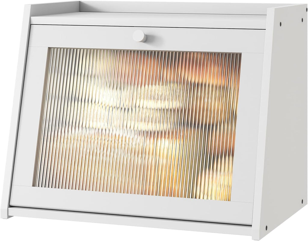 Large Bread Box for Kitchen Counter, White Bamboo Bread Storage Container with Wavy Arcylic Transparent Door, Bamboo Wooden Farmhouse Bread Box for Your House