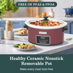 7-Quart Programmable Slow Cooker with Timer Keep Warm - Small Kitchen Appliance for Family Dinners - Serves 6+ People (Red Shell + White Ceramic Liner)