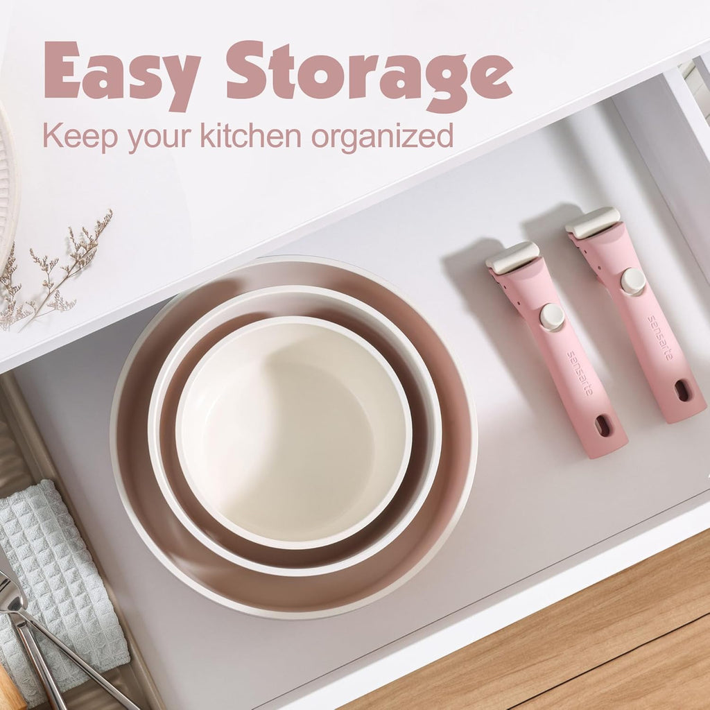 SENSARTE 17 Piece Ceramic Pots and Pans Set, Nonstick Detachable Handle Cookware, Induction Kitchen Cookware Set with Removable Handle, Dishwasher ＆ Oven Safe (Pink)