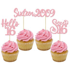 Gyufise 24Pcs Happy 16th Birthday Cupcake Toppers Glitter Hello 16 Sweet 16 Sixteen Years Old Cupcake Picks for Celebrating 16th Birthday Anniversary Party Cake Decorations Supplies Pink