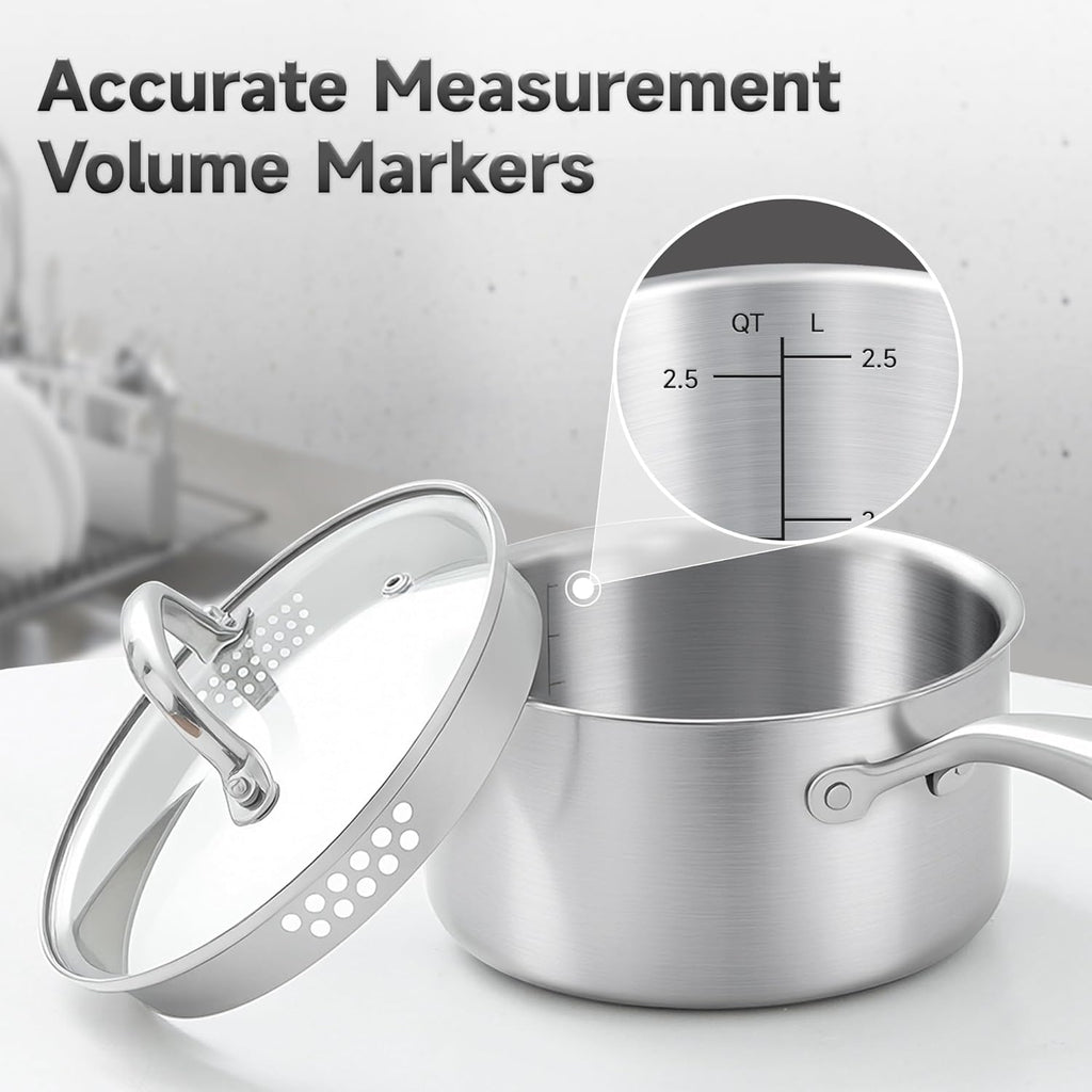 2.5 Quart Stainless Steel Saucepan with Glass Strainer Lid, Thicken Tri-ply Full Body, Multipurpose Sauce Pot with Two-Size Drainage Holes Lid, Perfect For Boiling Gravies, Pasta, Noodles