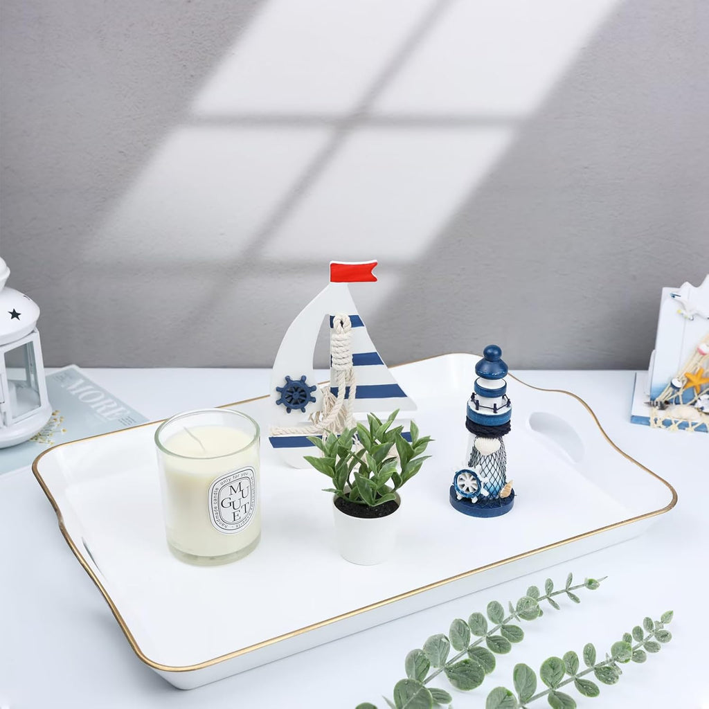 Spsyrine White Decorative Serving Tray with Handles, Elegant Plastic Coffee Table Tray for Ottoman, Living Room, Home Decor