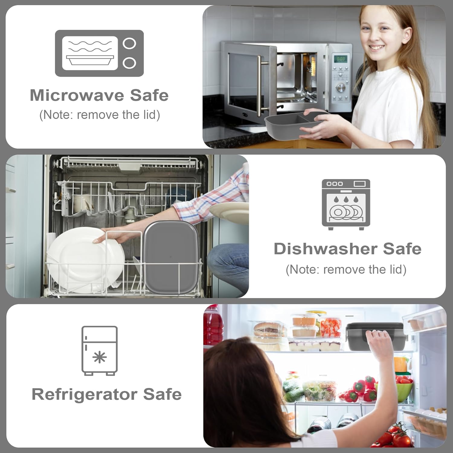 JBGOYON® Bento Lunch Box Set - 3 Stackable Containers for Adults and Kids- Includes Lunch Bag, Leak-Proof and BPA-Free - Built-in Utensil Set and Snack Bag - Dishwasher Safe(Grey Black)