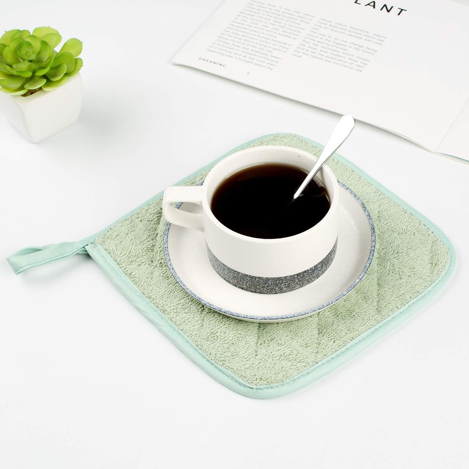 100% Cotton Kitchen Everyday Basic Terry Pot Holder Heat Resistant Coaster Potholder for Cooking and Baking Set of 5 Mint Green