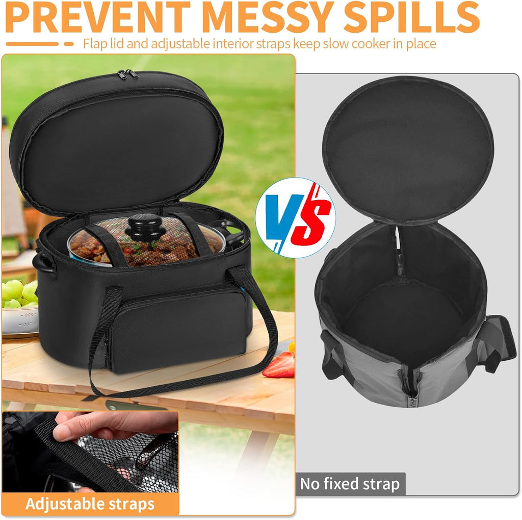 Double-Layer Slow Cooker Travel Bag Compatible with 6, 7, 8 Quart Crock-Pot, Insulated Travel Carrier with Easy to Clean Lining, Black