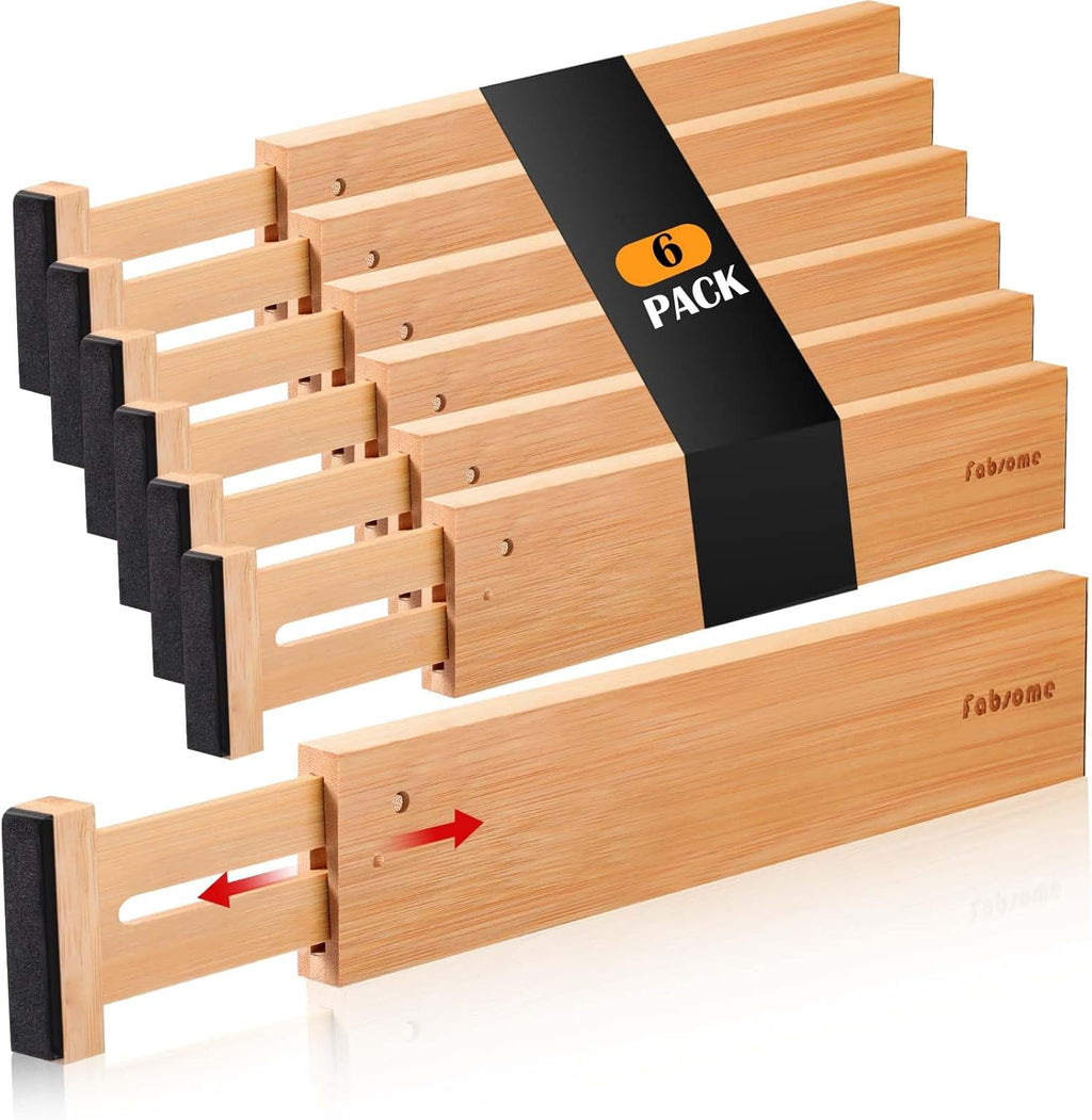 Fabsome Drawer Divider 6 Pack, Bamboo Dresser Organizers for Clothes Socks Underwear Baby Clothing, Wooden Separators for Nursery Organization Adjustable from 12.5'' to 17'' with Soft Foam Ends