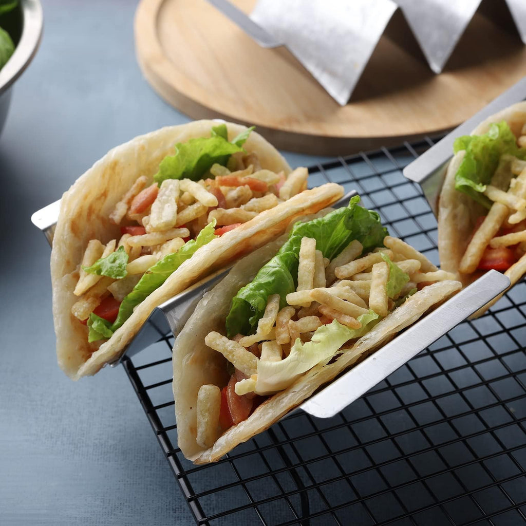 Taco Holder Set of 4 Packs Stainless Steel Taco Holders Stand Taco Tray Shell Holders - Each Rack Holds Up to 2 Tacos - Oven, Grill & Dishwasher Safe