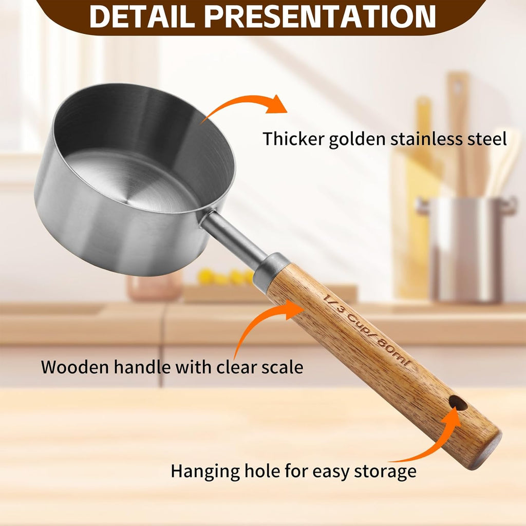 Measuring Cups and Spoons Set，Measuring Cup Set with Wooden Handle and Metric and US Measurements，Silver Polished Finish，for Cooking and Baking in The Kitchen (8 Piece)