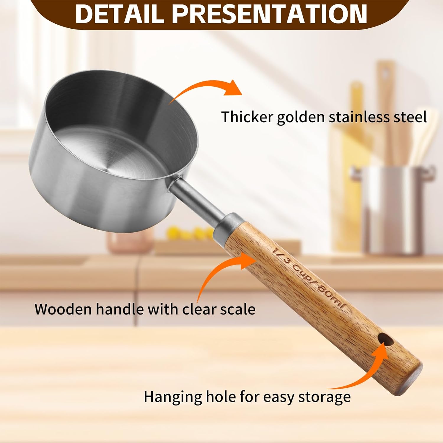 Measuring Cups and Spoons Set，Measuring Cup Set with Wooden Handle and Metric and US Measurements，Silver Polished Finish，for Cooking and Baking in The Kitchen (8 Piece)