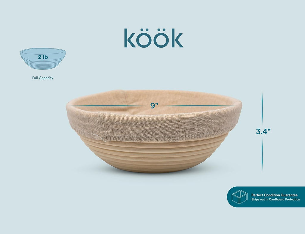 Kook Proofing Set, Sourdough Bread, 2 Rattan 9 Inch Banneton Baskets, 2 Basket Covers, Metal Scraper, Plastic Scraper, Scoring Lame, 5 Blades and Case, Baking Kit, Dough Bowls, Round Shape