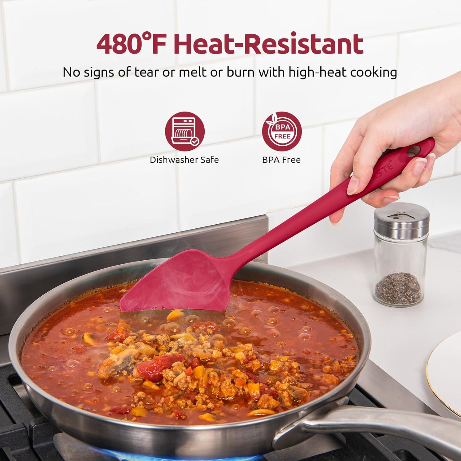 U-Taste Silicone Spoon Spatula Set: 480ºF Heat Resistant Food Grade Flexible Rubber Spoonula, Nonstick Cooking Mixing Scooping Kitchen Baking Scraper Utensils Set of 3 for Pan, Pot, Bowl (Red)